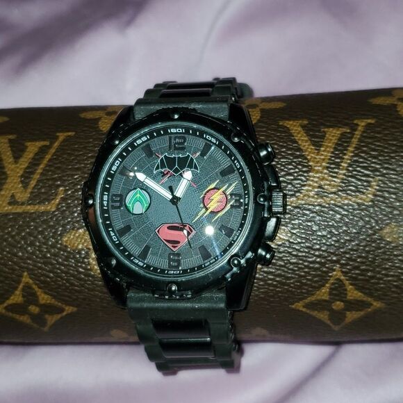 Justice League Watch by Accutime Large Black with 4 Superhero Logos‎ Works Great - Picture 1 of 8